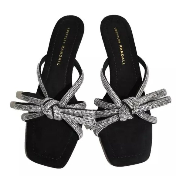 $380 Loeffler Randall Margi OVERSIZED Bow CRYSTALS SUEDE HEEL BLACK 8 (DC3) - Picture 3 of 7